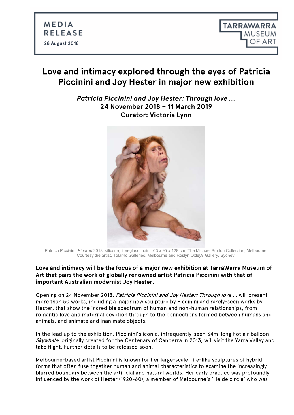 Love and Intimacy Explored Through the Eyes of Patricia Piccinini and Joy Hester in Major New Exhibition