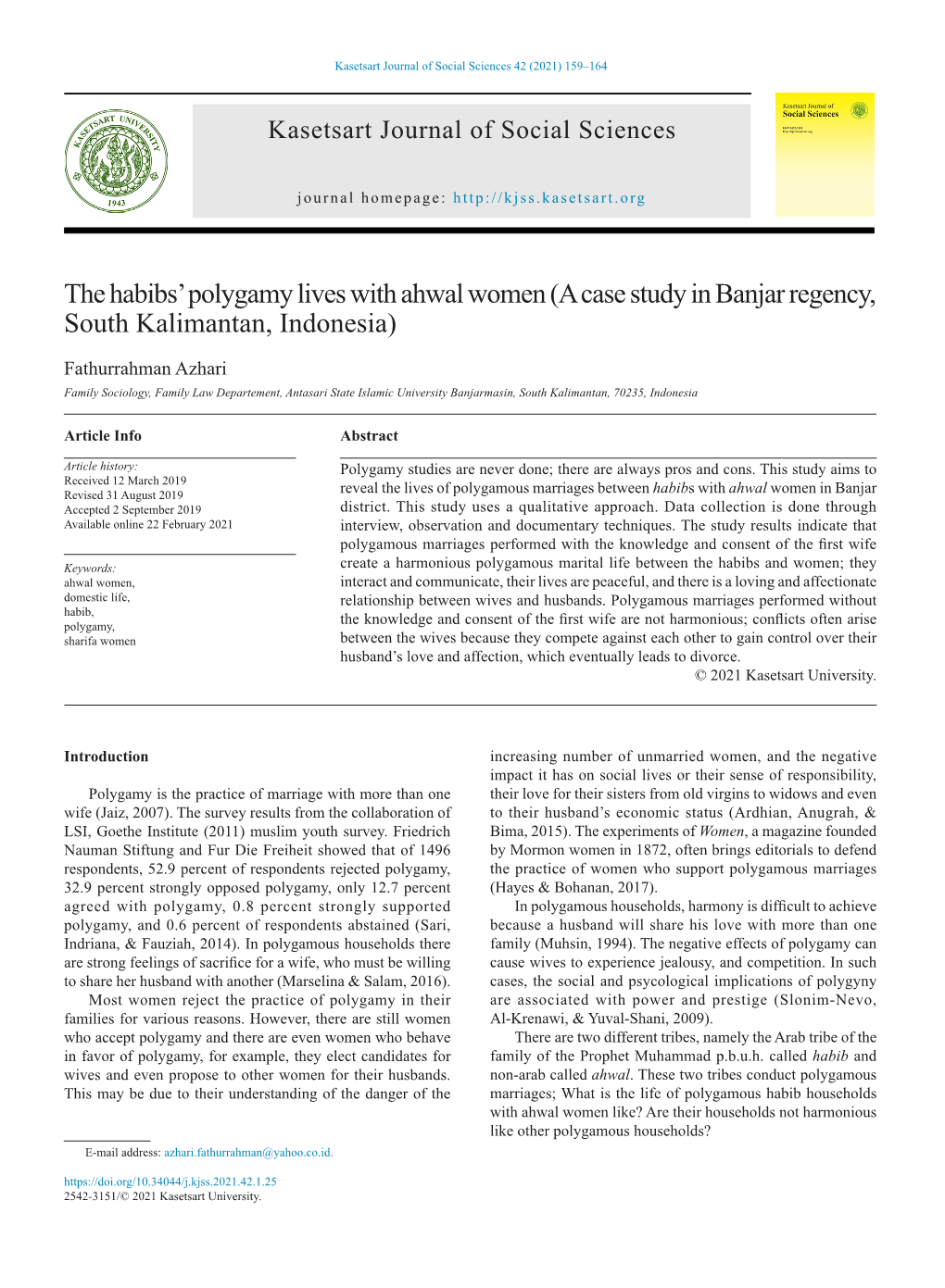 The Habibs' Polygamy Lives with Ahwal Women (A Case Study in Banjar Regency, South Kalimantan, Indonesia)