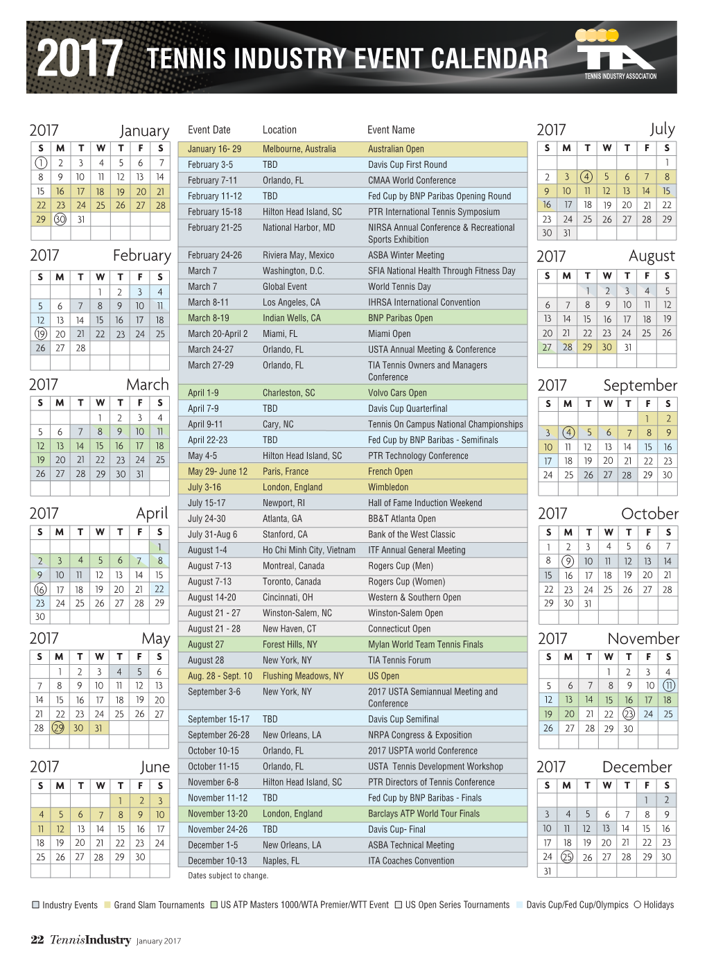 Tennis Industry Event Calendar