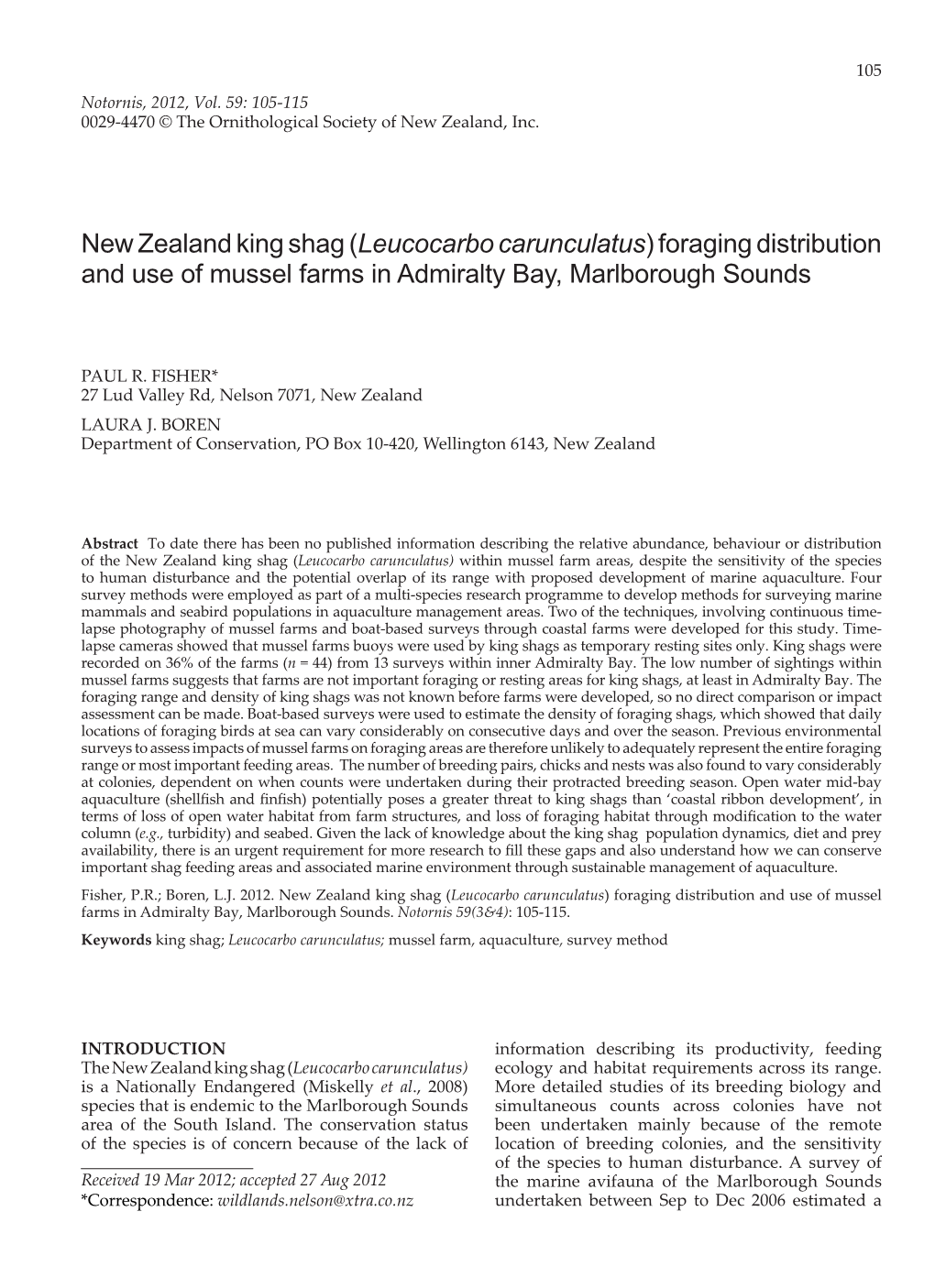 New Zealand King Shag (Leucocarbo Carunculatus) Foraging Distribution and Use of Mussel Farms in Admiralty Bay, Marlborough Sounds