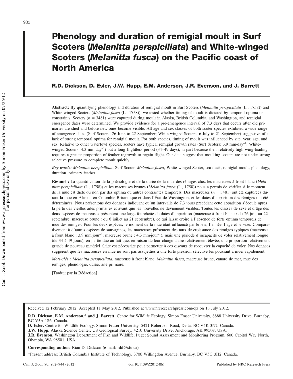 Phenology and Duration of Remigial Moult in Surf Scoters (Melanitta Perspicillata) and White-Winged Scoters (Melanitta Fusca) on the Pacific Coast of North America