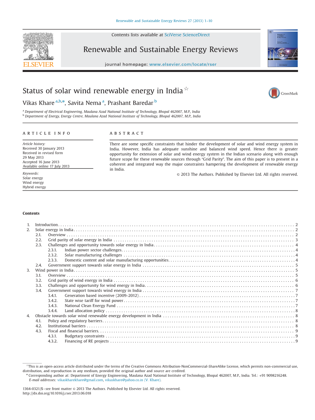 Status of Solar Wind Renewable Energy in India$