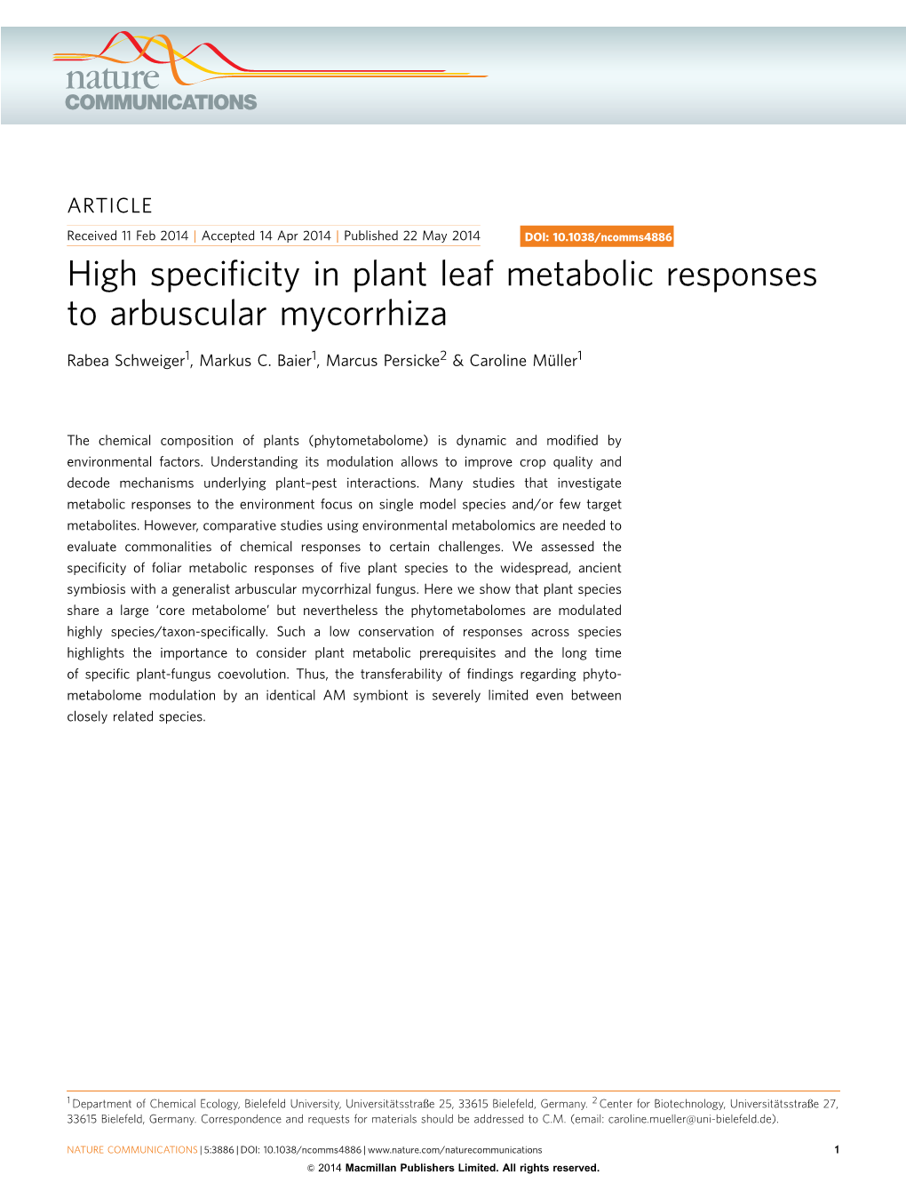 High Specificity in Plant Leaf Metabolic Responses to Arbuscular Mycorrhiza