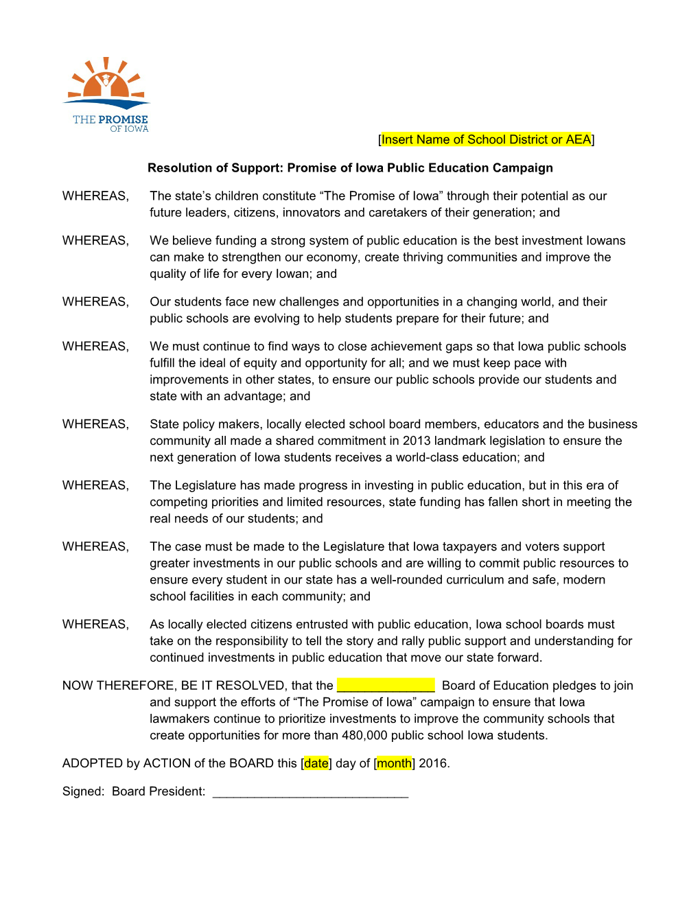 Resolution of Support: Promise of Iowa Public Education Campaign