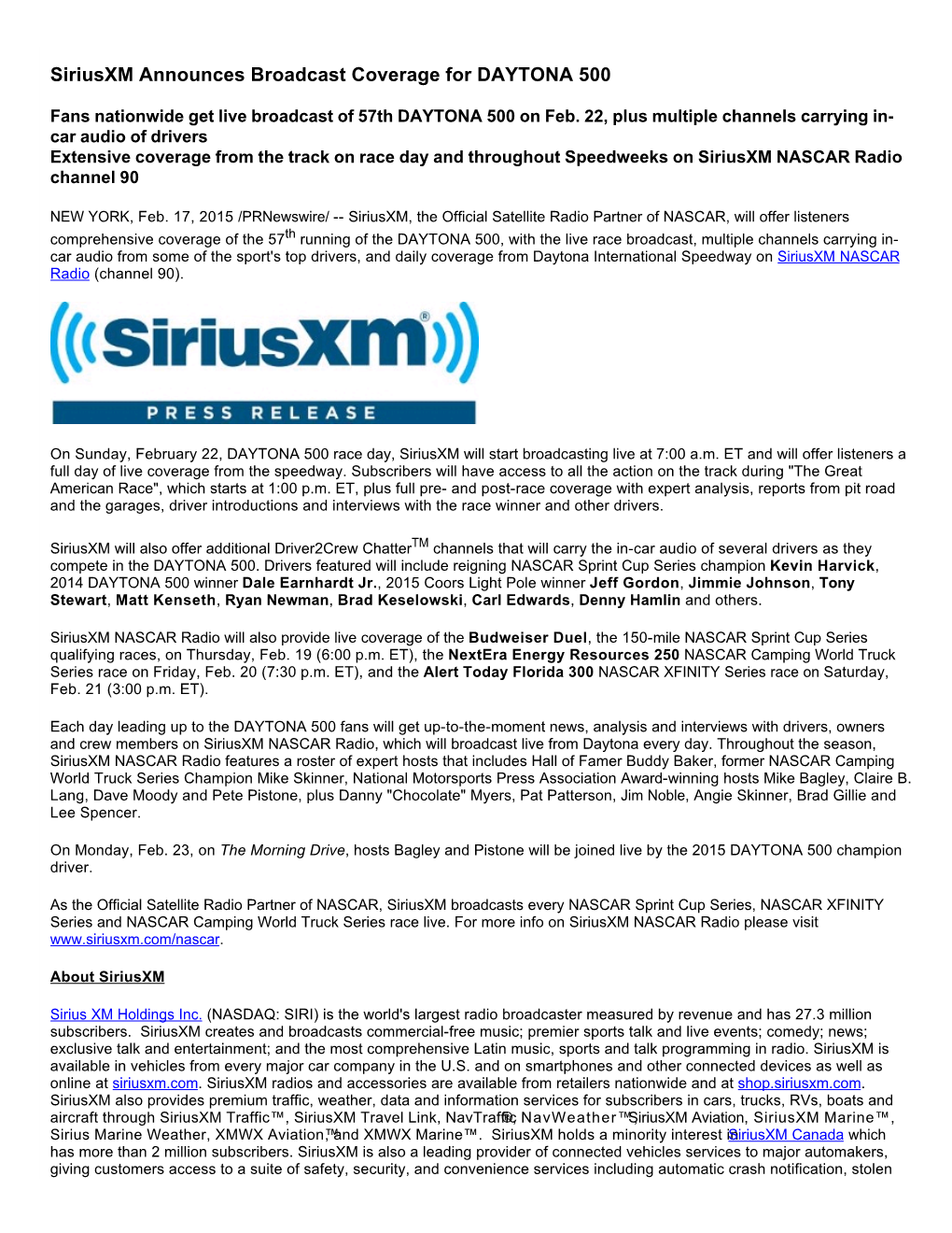 Siriusxm Announces Broadcast Coverage for DAYTONA 500