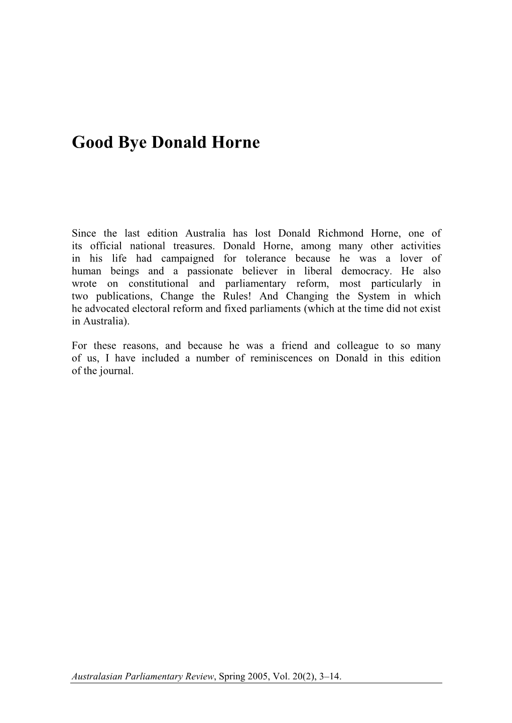 Good Bye Donald Horne