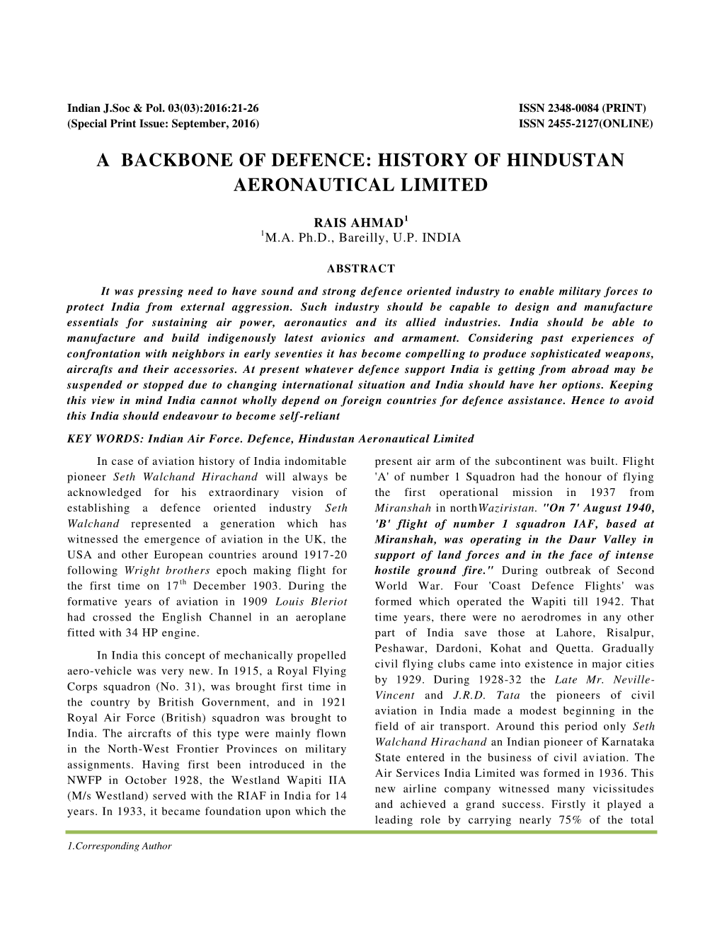 A Backbone of Defence: History of Hindustan Aeronautical Limited