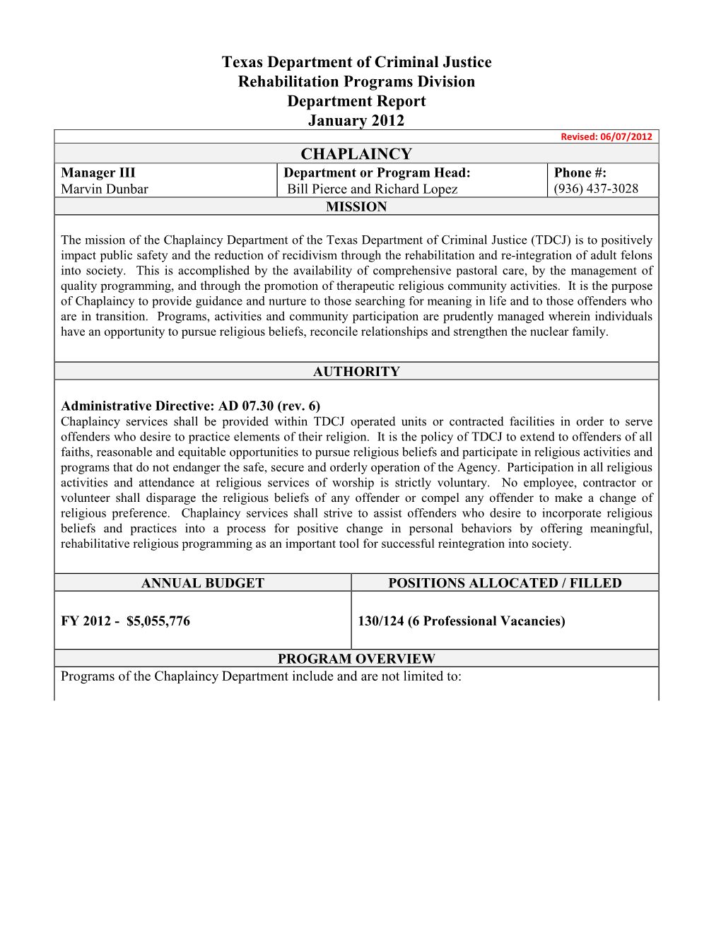 2012 Chaplaincy Dept. Monthly Reports