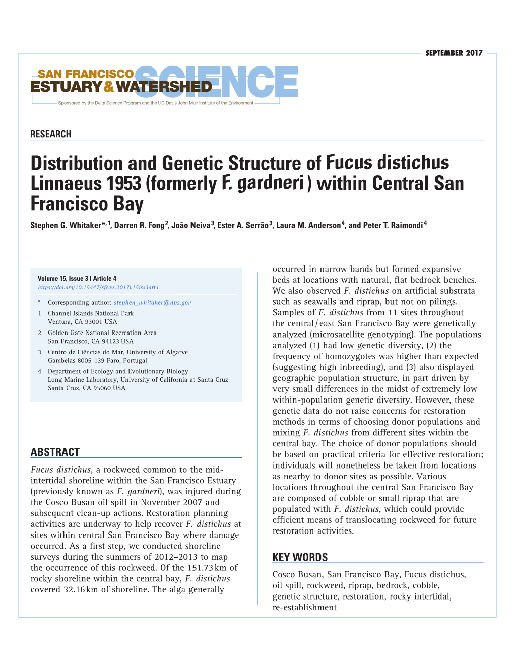 Distribution and Genetic Structure of Fucus Distichus Linnaeus 1953 (Formerly F