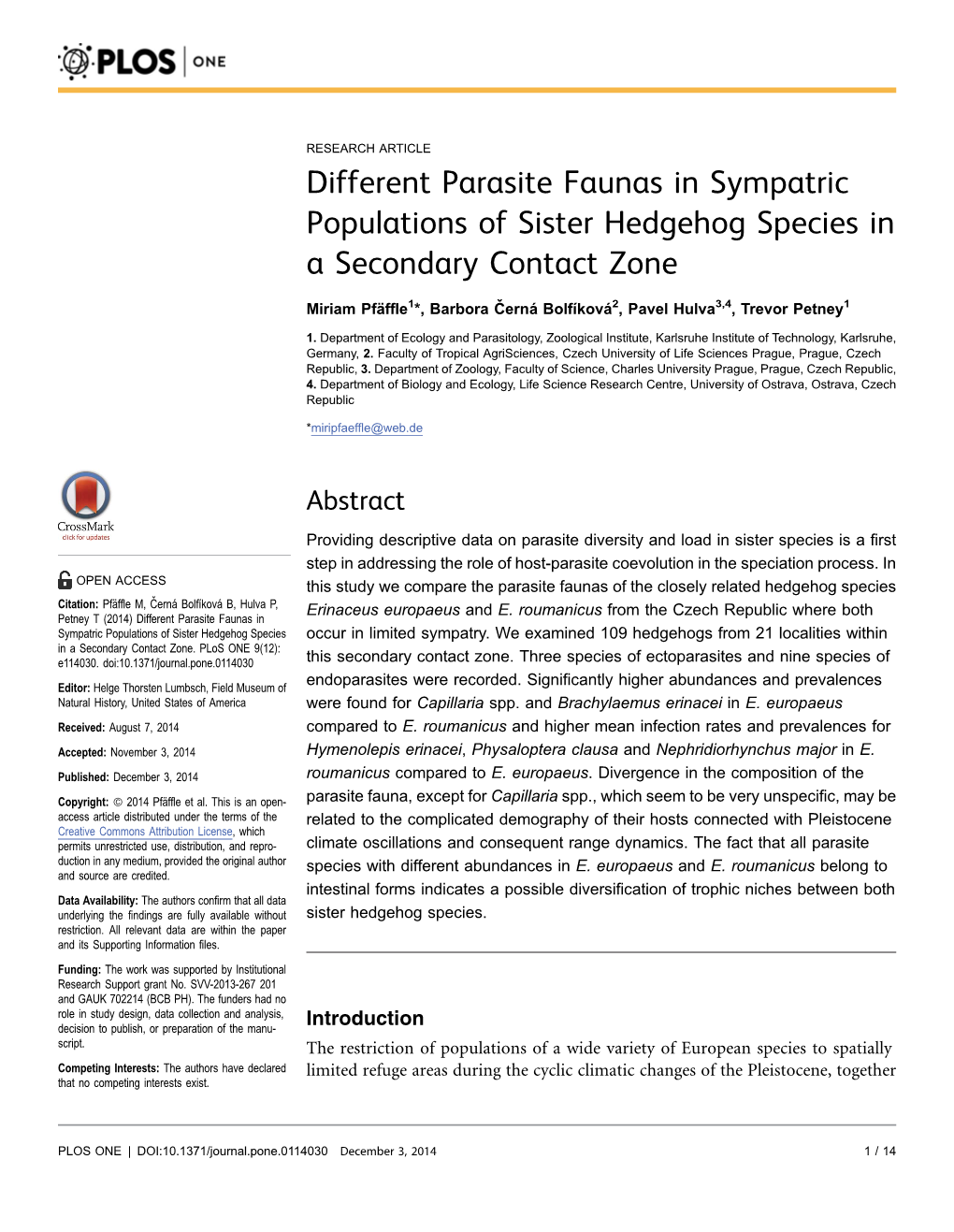 Different Parasite Faunas in Sympatric Populations of Sister Hedgehog Species in a Secondary Contact Zone