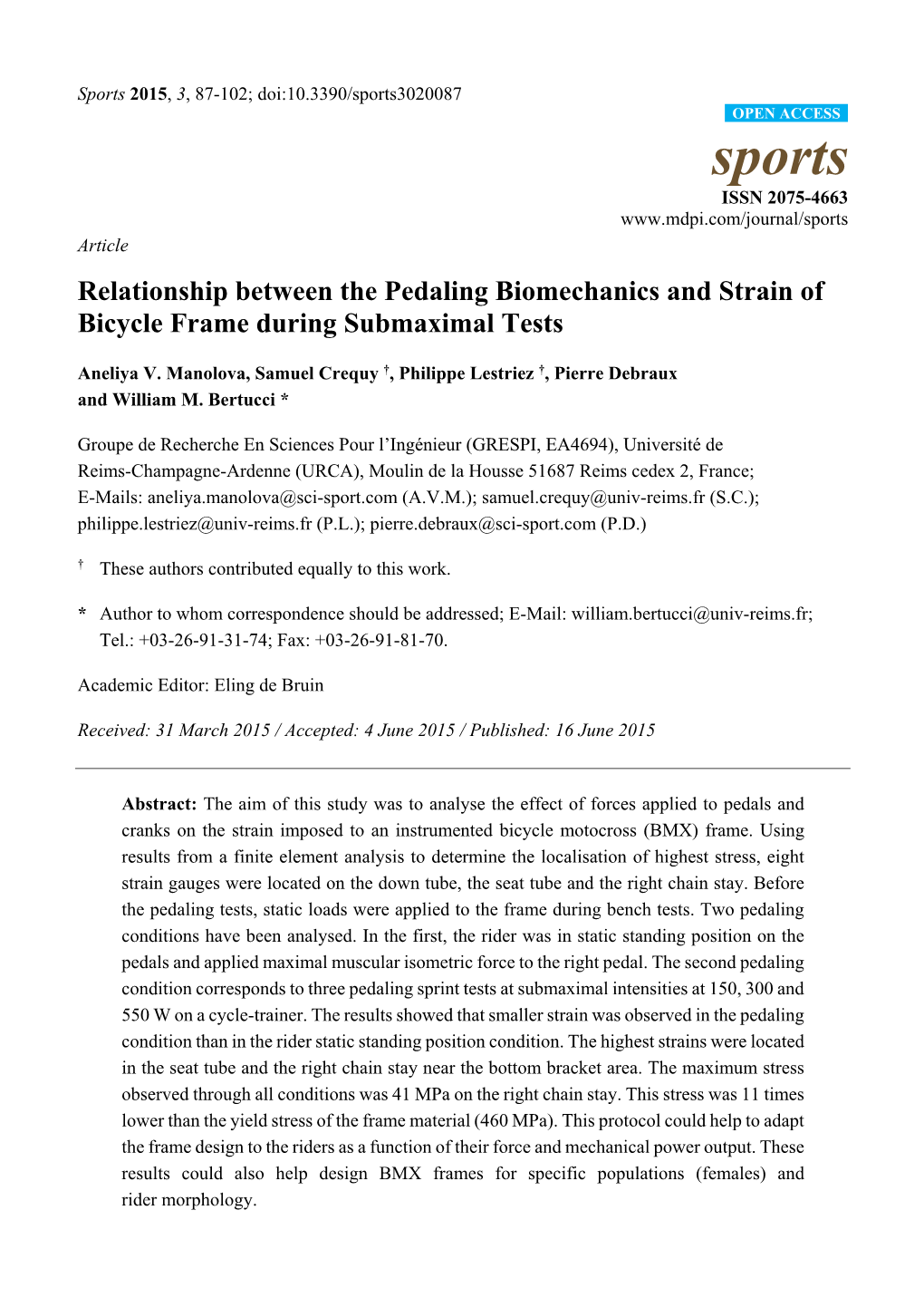 Relationship Between the Pedaling Biomechanics and Strain of Bicycle Frame During Submaximal Tests