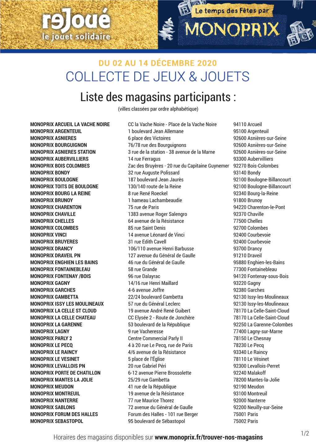 Liste Des Magasins Participants : (Villes Classées Par Ordre Alphabétique)