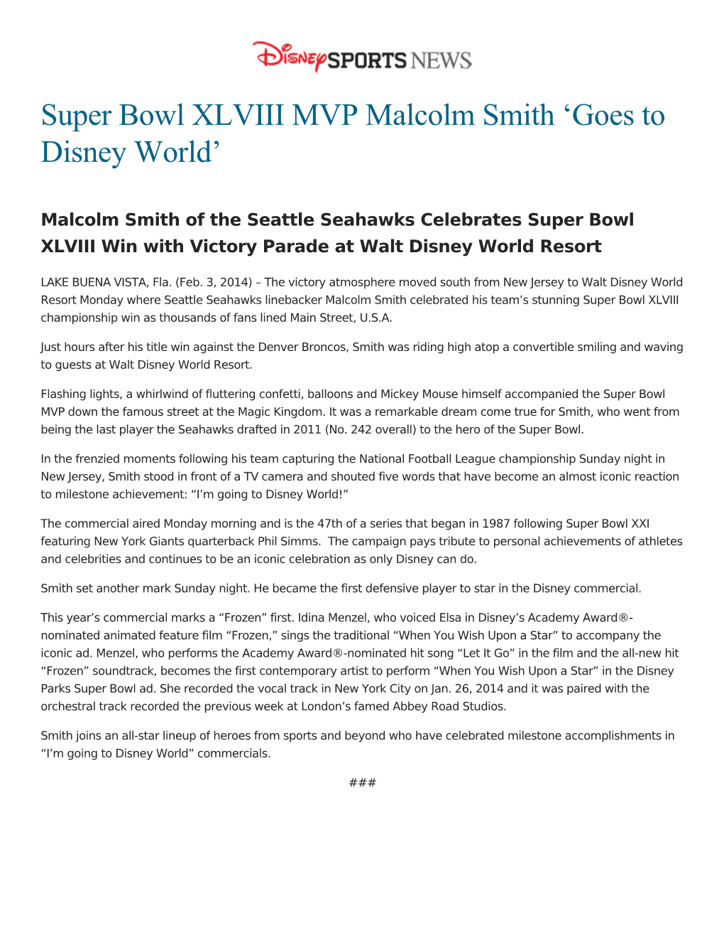 Super Bowl XLVIII MVP Malcolm Smith ‘Goes to Disney World’