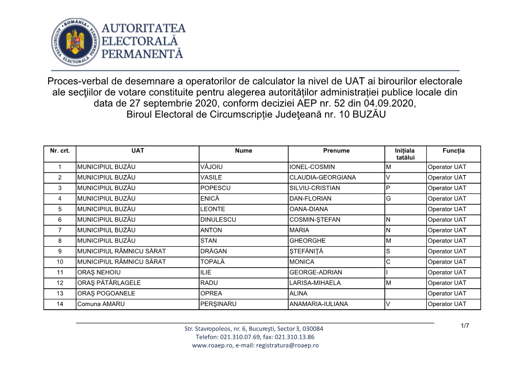 Proces-Verbal De Desemnare a Operatorilor De Calculator La Nivel De