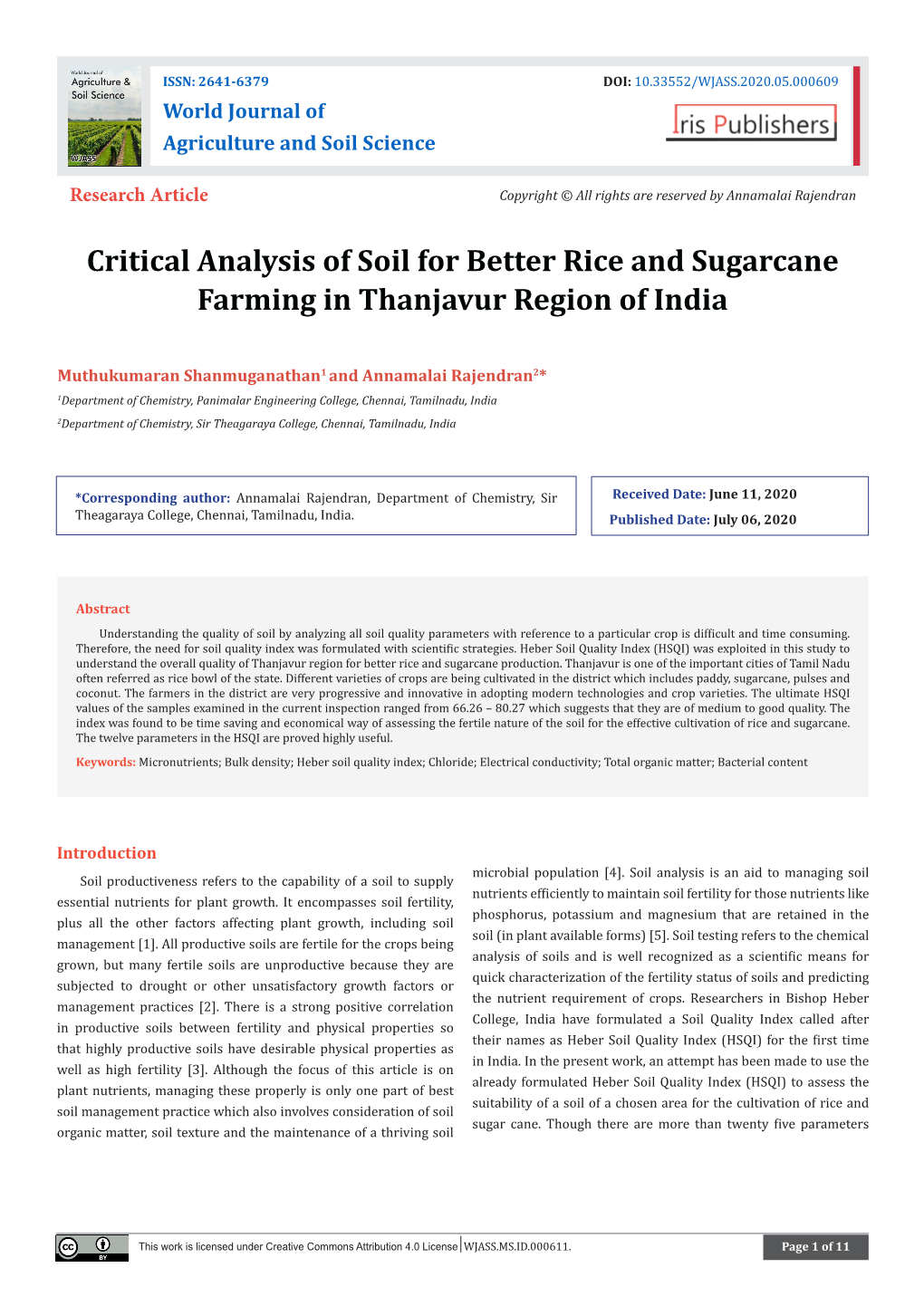 Critical Analysis of Soil for Better Rice and Sugarcane Farming in Thanjavur Region of India