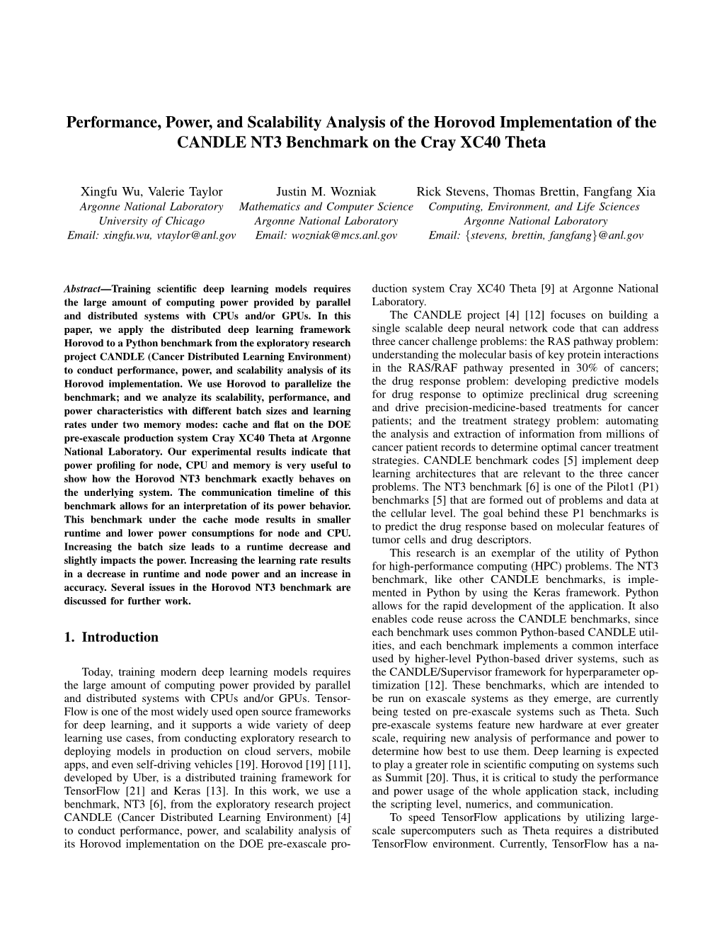 Performance, Power, and Scalability Analysis of the Horovod Implementation of the CANDLE NT3 Benchmark on the Cray XC40 Theta