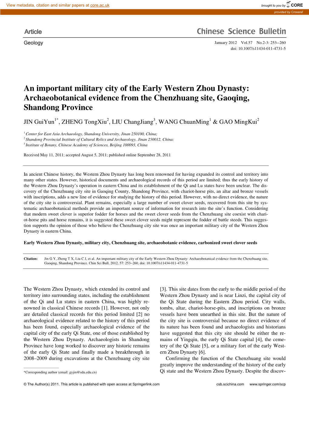 An Important Military City of the Early Western Zhou Dynasty: Archaeobotanical Evidence from the Chenzhuang Site, Gaoqing, Shandong Province