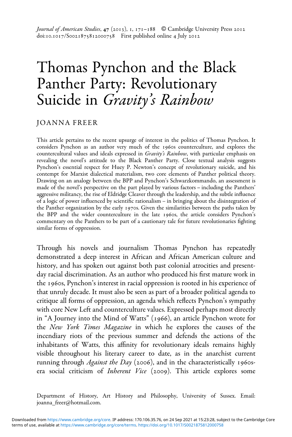 Thomas Pynchon and the Black Panther Party: Revolutionary Suicide in Gravity’S Rainbow