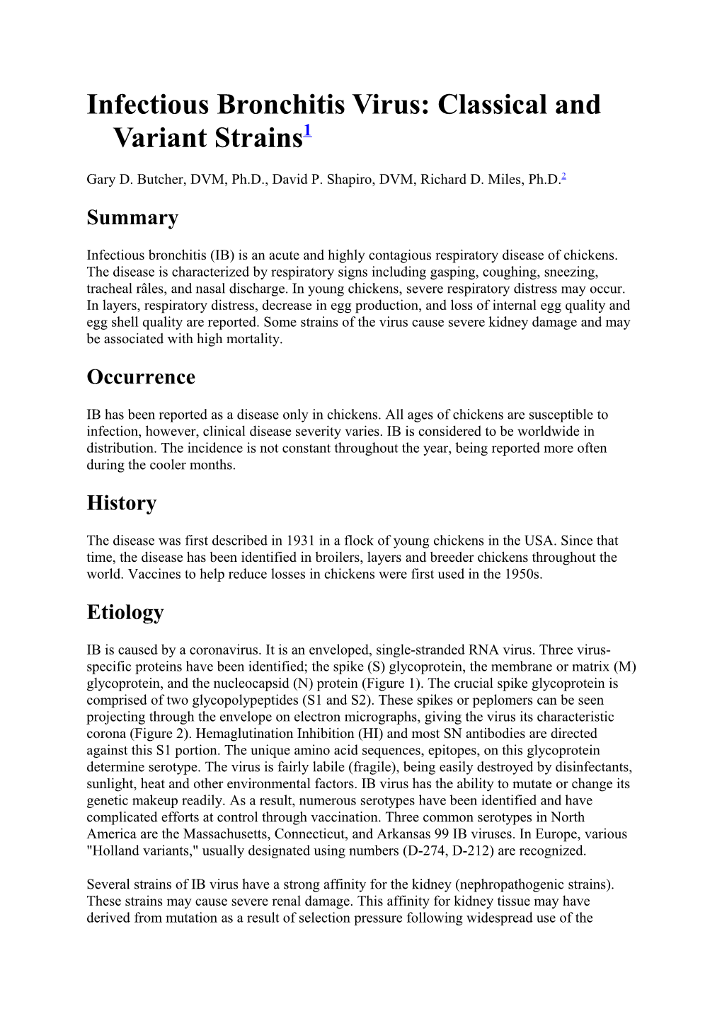 Infectious Bronchitis Virus: Classical and Variant Strains1