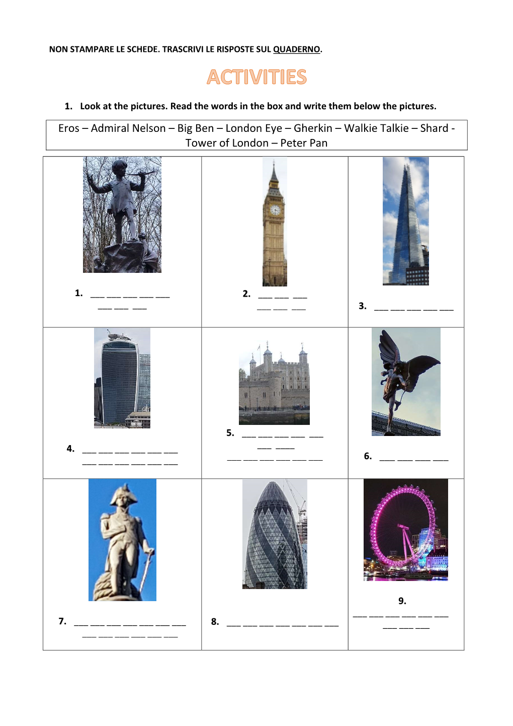 Gherkin – Walkie Talkie – Shard - Tower of London – Peter Pan