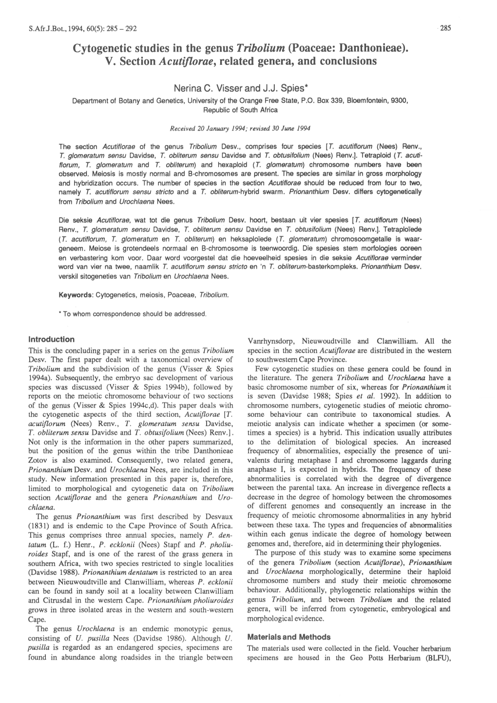 Cytogenetic Studies in the Genus Tribolium (Poaceae: Danthonieae)