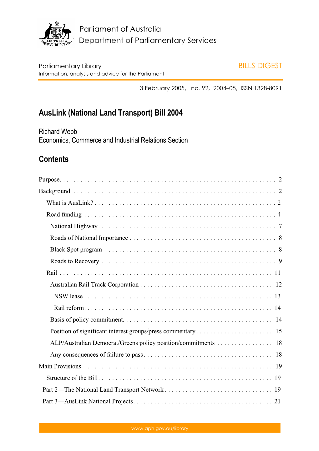 Auslink (National Land Transport) Bill 2004 (Bills Digest, No. 92, 2004-05)