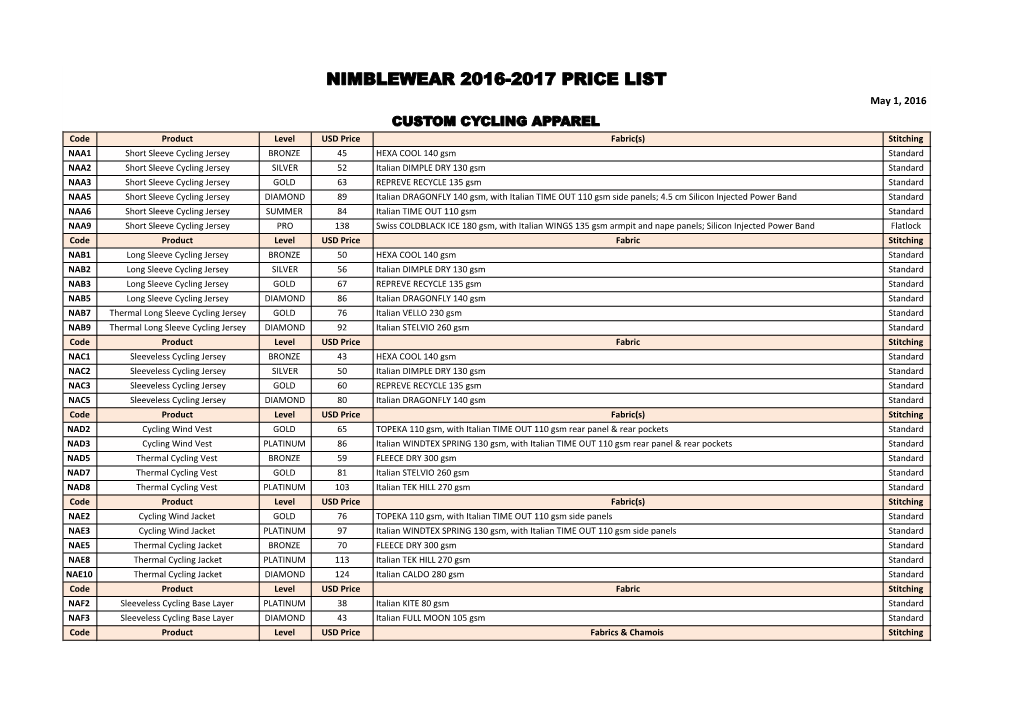 Nimblewear 2016-2017 Price List