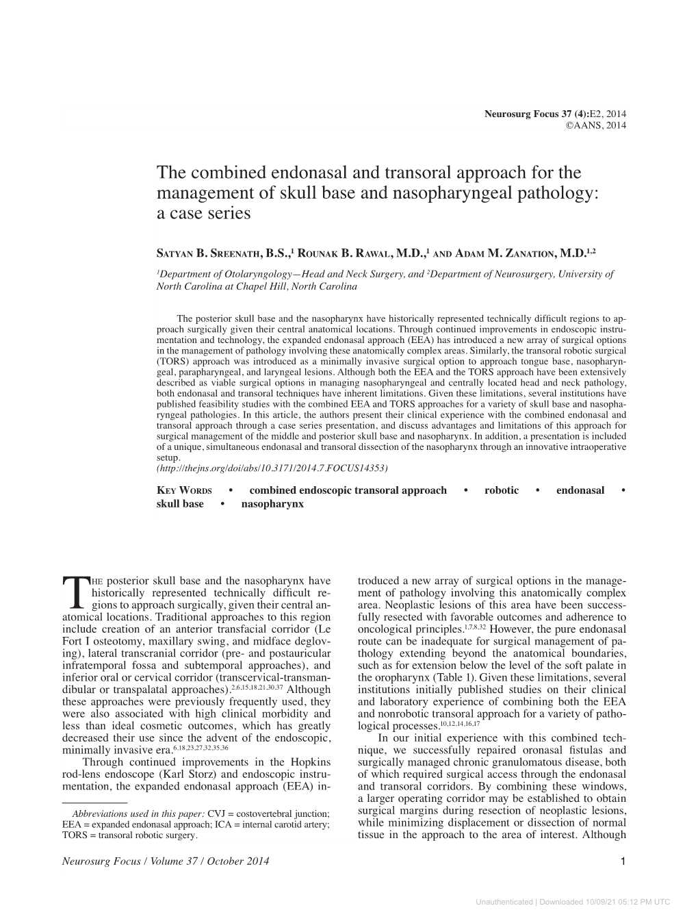 The Combined Endonasal and Transoral Approach for the Management of Skull Base and Nasopharyngeal Pathology: a Case Series