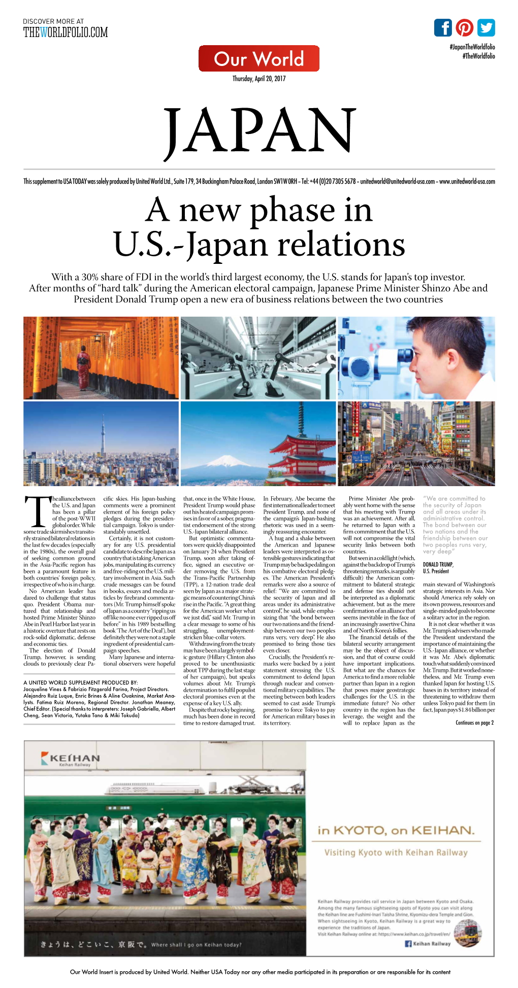 A New Phase in U.S.-Japan Relations with a 30% Share of FDI in the World’S Third Largest Economy, the U.S