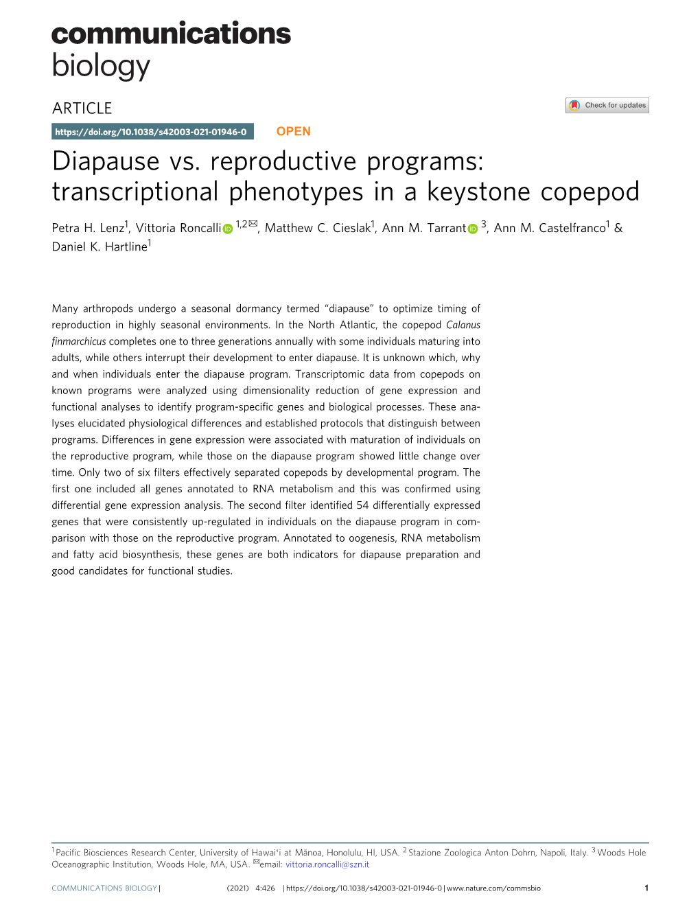 Transcriptional Phenotypes in a Keystone Copepod ✉ Petra H