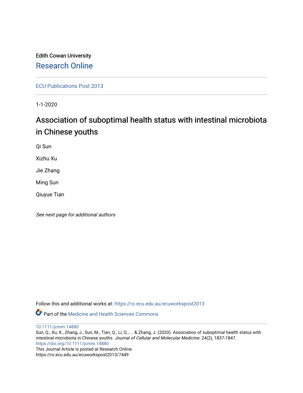 Association of Suboptimal Health Status with Intestinal Microbiota in Chinese Youths