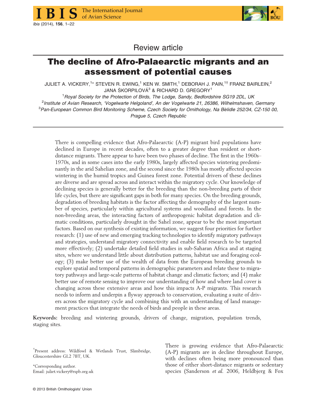 The Decline of Afro-Palaearctic Migrants and an Assessment of Potential Causes