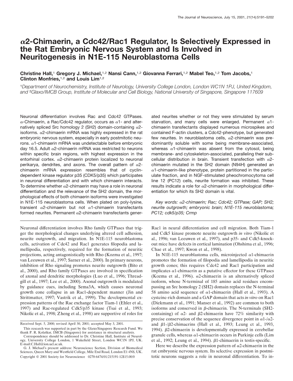 Α2-Chimaerin, a Cdc42/Rac1 Regulator, Is Selectively Expressed