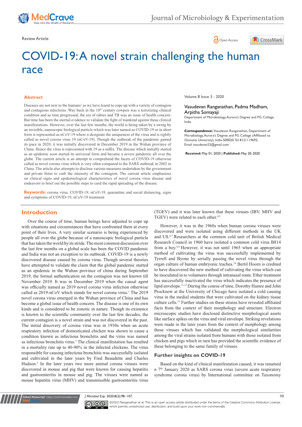 COVID-19: a Novel Strain Challenging the Human Race