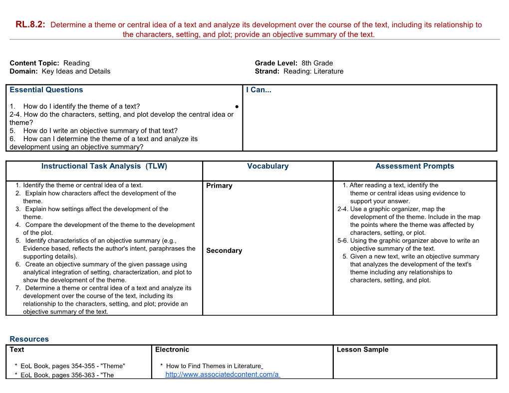 RL.8.2: Determine a Theme Or Central Idea of a Text and Analyze Its Development Over The