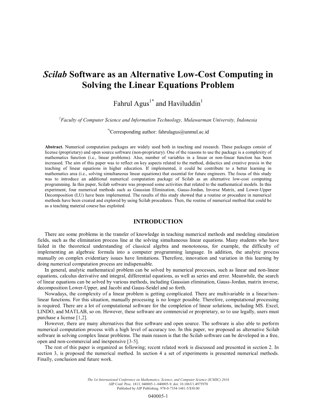 Scilab Software As an Alternative Low-Cost Computing in Solving the Linear Equations Problem