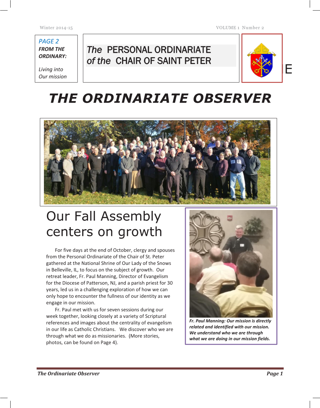 THE the ORDINARIATE OBSERVER Our Fall Assembly Centers on Growth