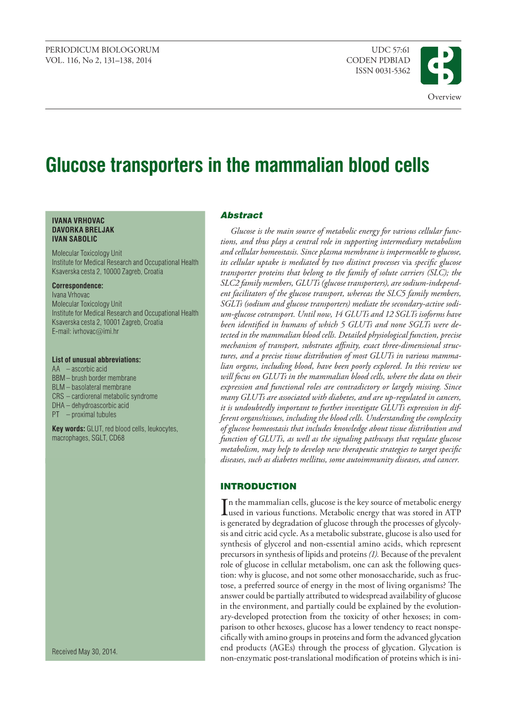 Glucose Transporters in the Mammalian Blood Cells