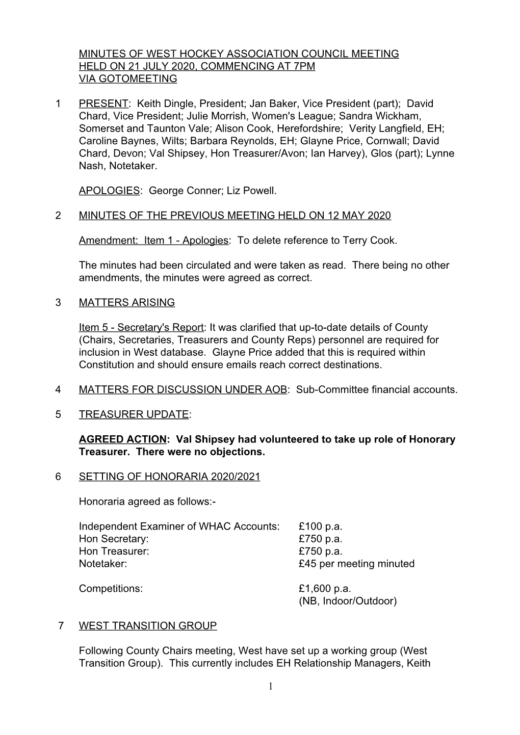 Minutes of West Hockey Association Council Meeting Held on 21 July 2020, Commencing at 7Pm Via Gotomeeting