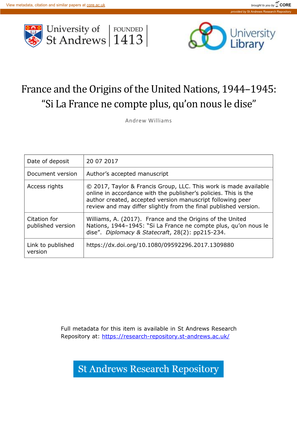France and the Origins of the United Nations, 1944–1945