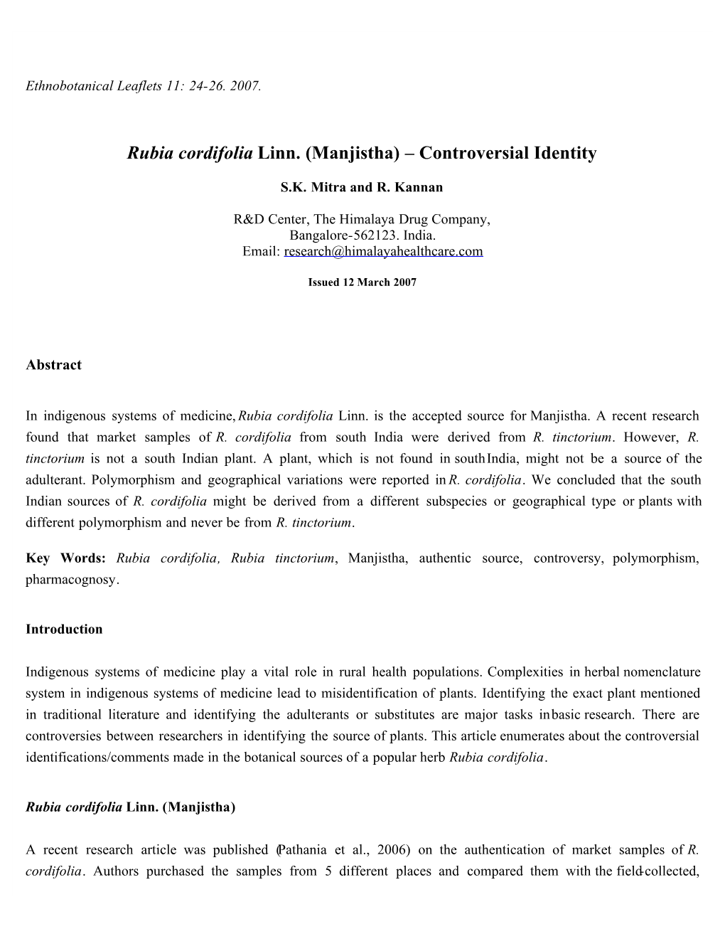 Rubia Cordifolia Linn. (Manjistha) – Controversial Identity