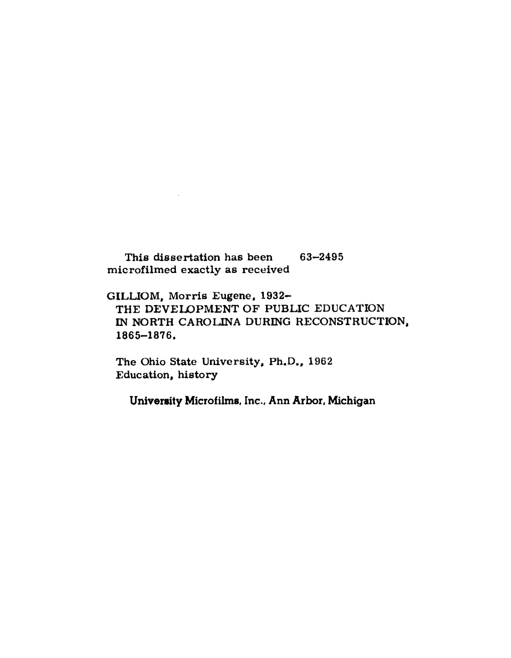 The Development of Public Education in North Carolina During Reconstruction, 1865-1876