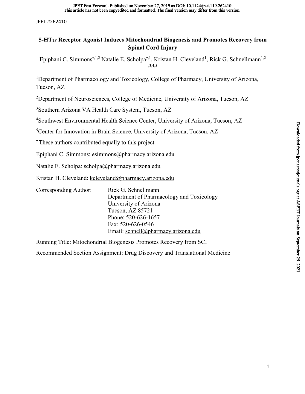 5-HT1F Receptor Agonist Induces Mitochondrial Biogenesis and Promotes Recovery from Spinal Cord Injury Epiphani C