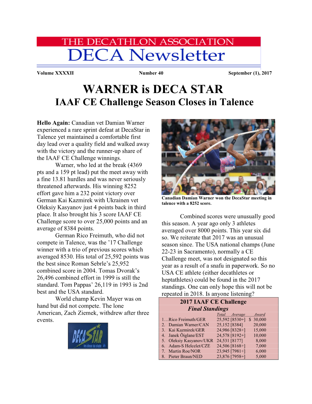 WARNER Is DECA STAR IAAF CE Challenge Season Closes in Talence