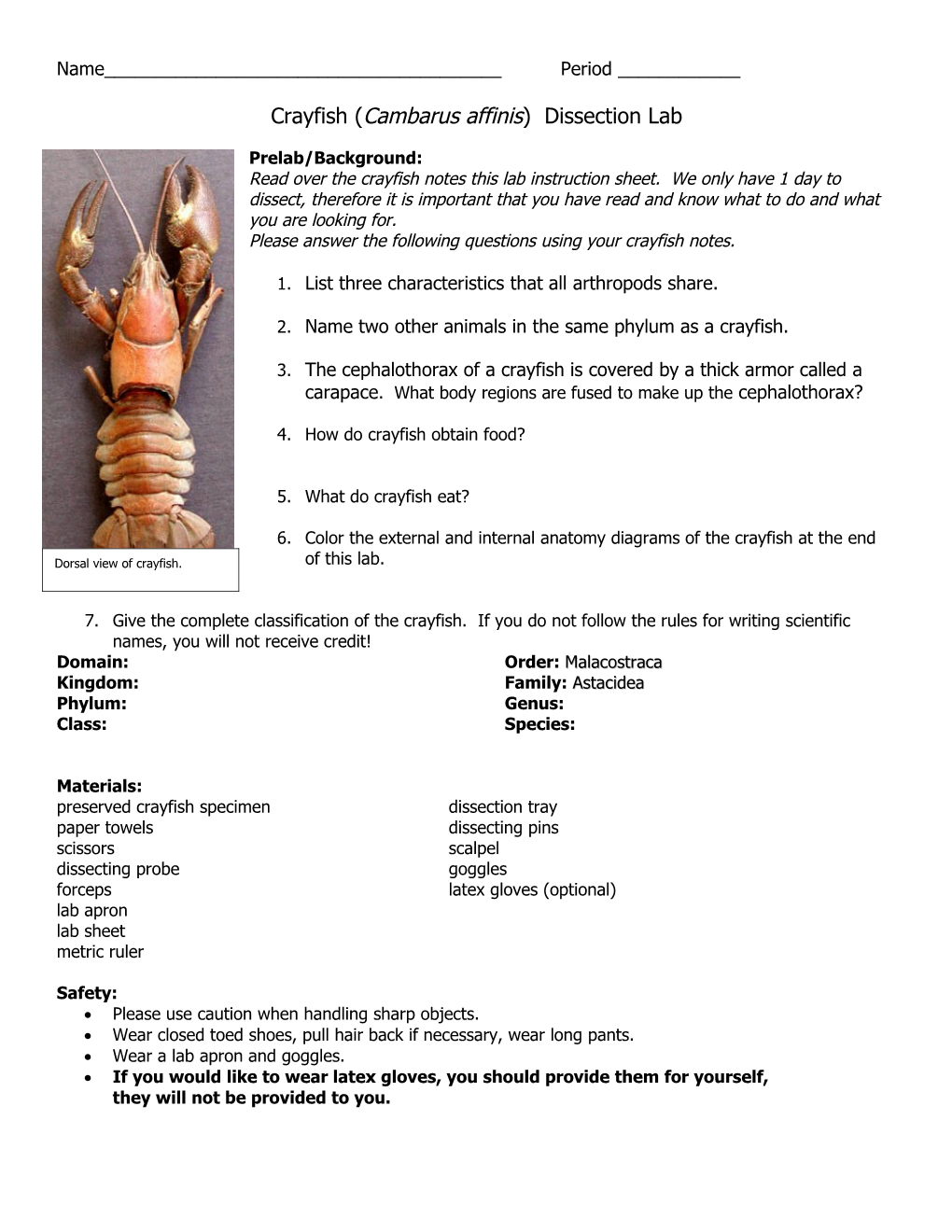 Crayfish (Cambarusaffinis) Dissection Lab