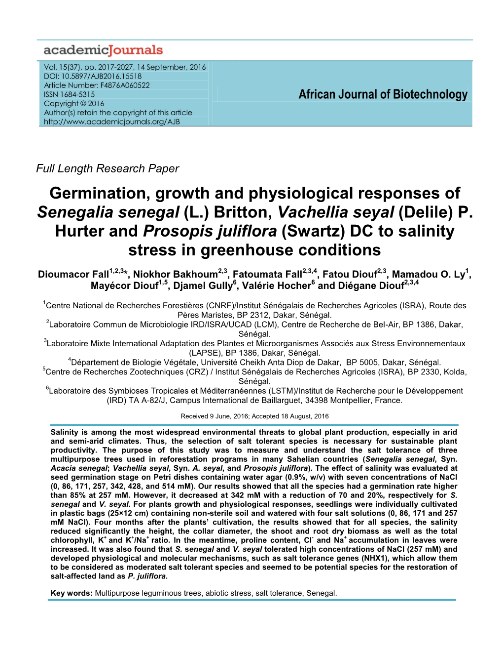 Germination, Growth and Physiological Responses of Senegalia Senegal (L.) Britton, Vachellia Seyal (Delile) P