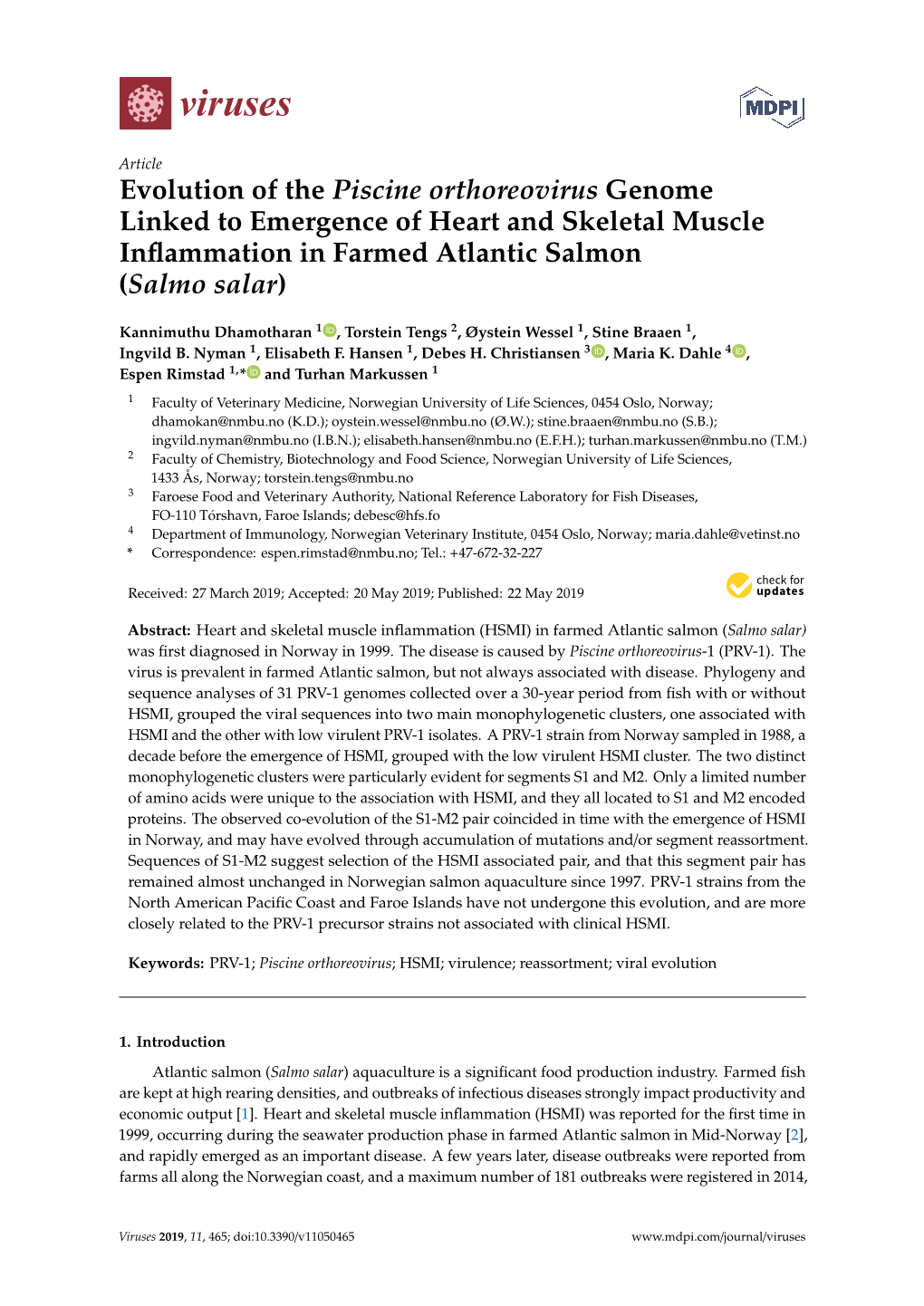 Evolution of the Piscine Orthoreovirus Genome Linked to Emergence of Heart and Skeletal Muscle Inﬂammation in Farmed Atlantic Salmon (Salmo Salar)