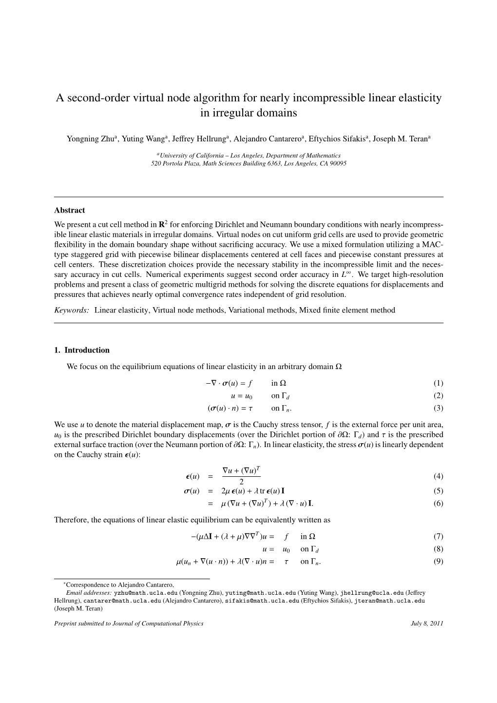 A Second-Order Virtual Node Algorithm for Nearly Incompressible Linear Elasticity in Irregular Domains