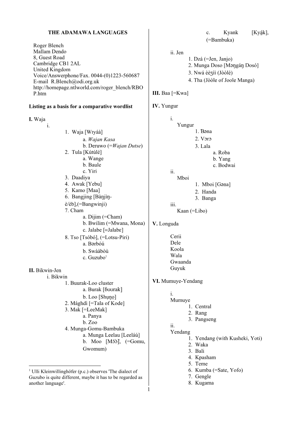 List of Adamawa Languages