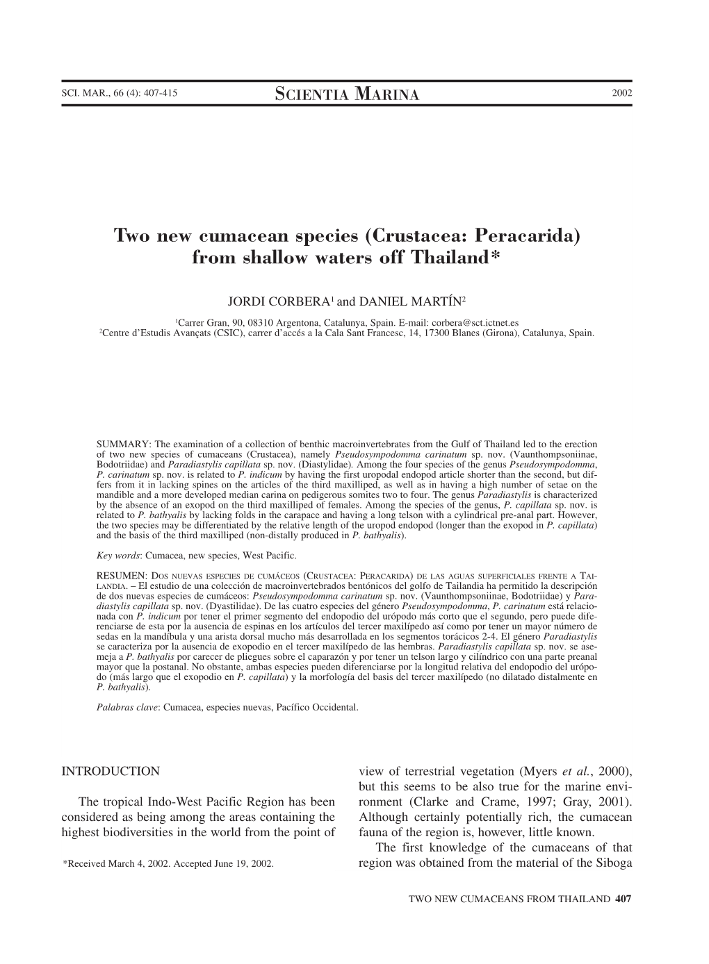 Two New Cumacean Species (Crustacea: Peracarida) from Shallow Waters Off Thailand*